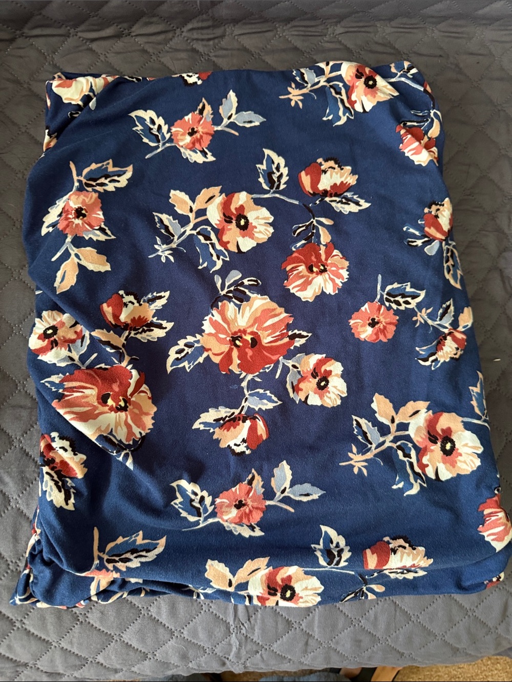 French Grey Navy Floral Maxi Skirt w Peach, Cream Blooms, Fully Lined, Ribbed